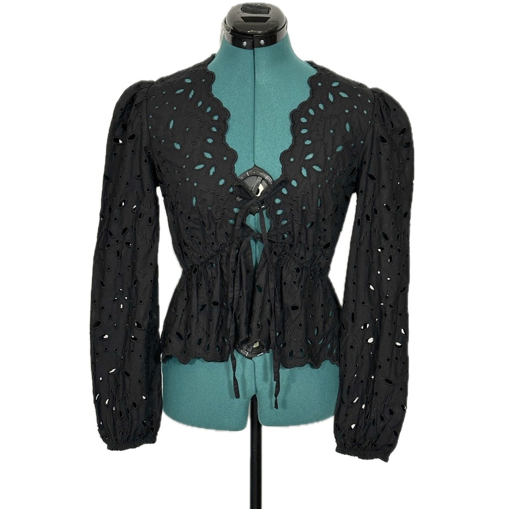 Express Blouse Eyelet Tie Front Peplum XS Black Long Puff Sleeve Boho Romantic